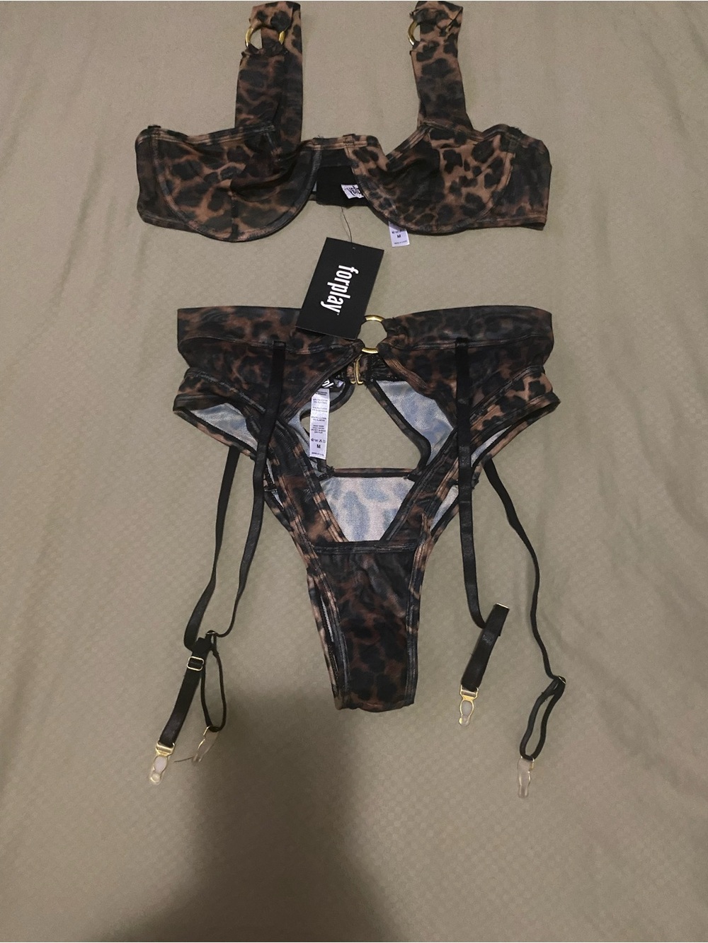 Foreplay Brown and Black Leopard Print Lingerie Set with Garter Details